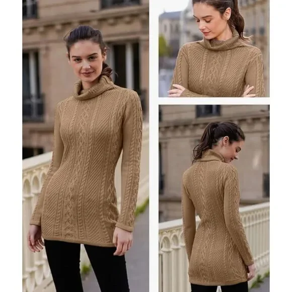 Khaki Turtleneck Bodycon Slim Fitted Cable Knit Long Sweater Size Small Neutral - Picture 2 of 9